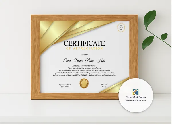 Realistic mockup featuring School Bus Driver Appreciation Certificate displayed within a modern frame, set against a minimalistic background.