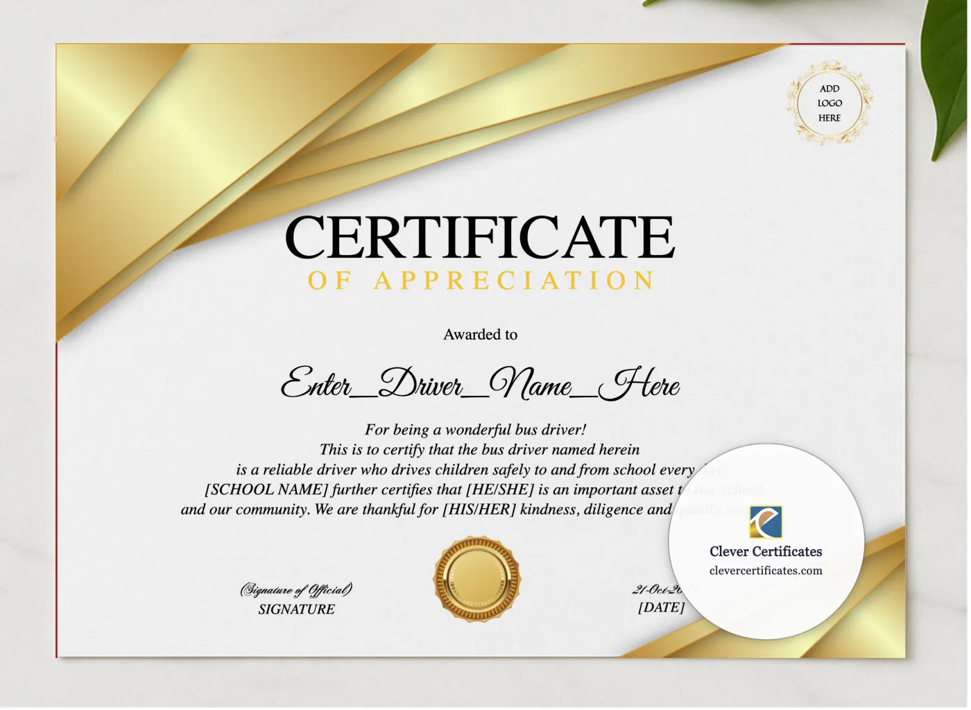 School Bus Driver Appreciation Certificate presented in a sleek wooden frame, elegantly arranged on a stylish table.