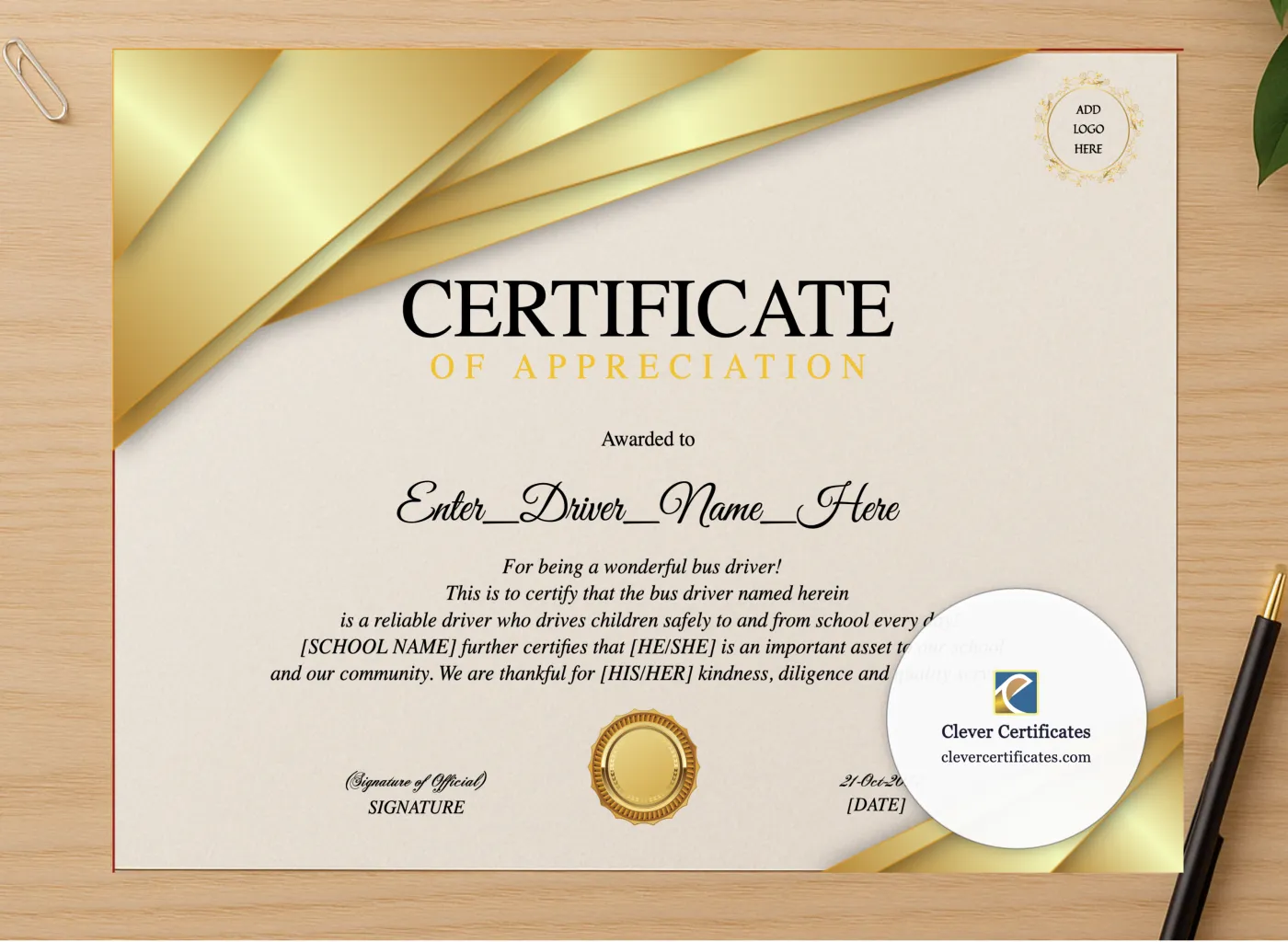 Professional preview of School Bus Driver Appreciation Certificate certificate on high-quality stationery paper, ideal for showcasing the final look.