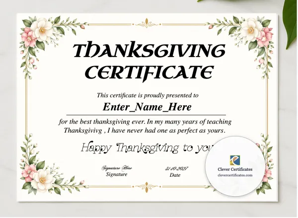 Thanksgiving Class Certificate presented in a sleek wooden frame, elegantly arranged on a stylish table.