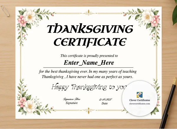 Professional preview of Thanksgiving Class Certificate certificate on high-quality stationery paper, ideal for showcasing the final look.