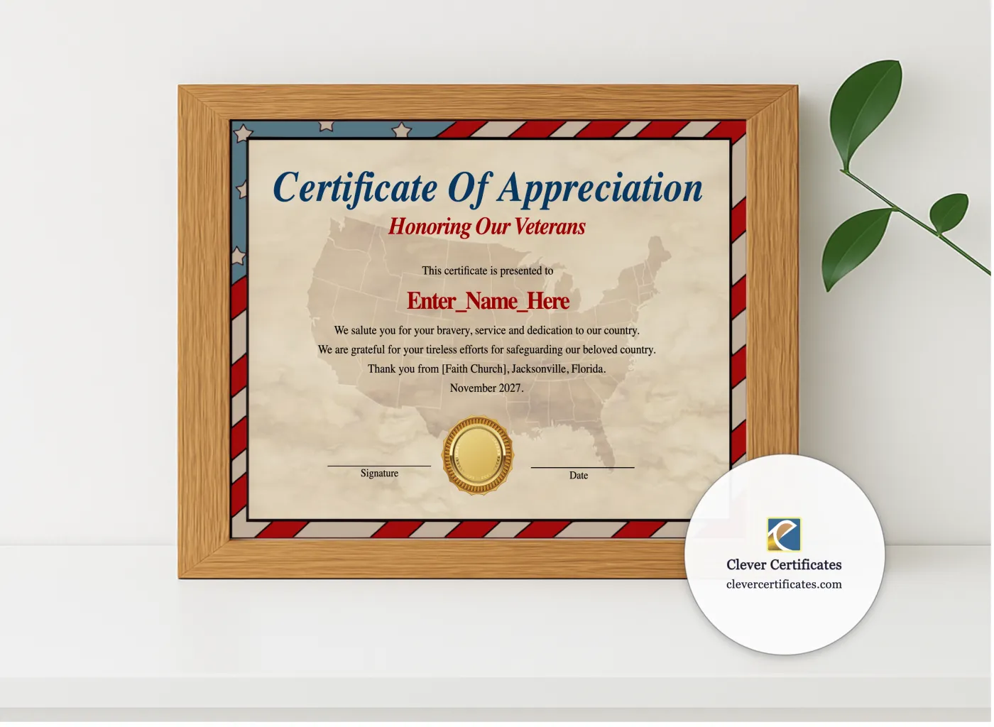Realistic mockup featuring Veterans Day Certificate Of Appreciation displayed within a modern frame, set against a minimalistic background.
