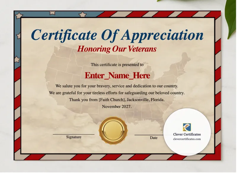 Veterans Day Certificate Of Appreciation presented in a sleek wooden frame, elegantly arranged on a stylish table.