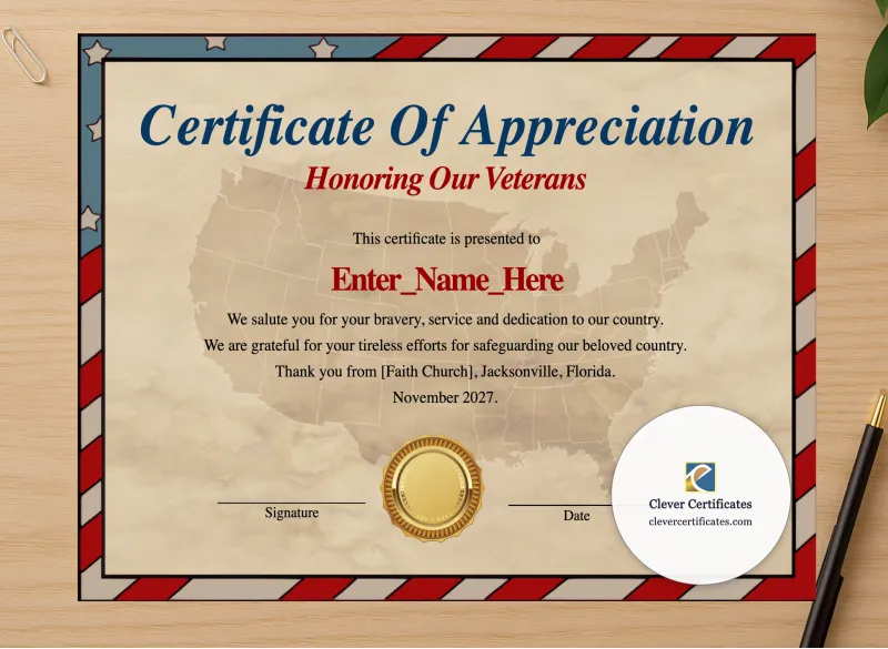Professional preview of Veterans Day Certificate Of Appreciation certificate on high-quality stationery paper, ideal for showcasing the final look.