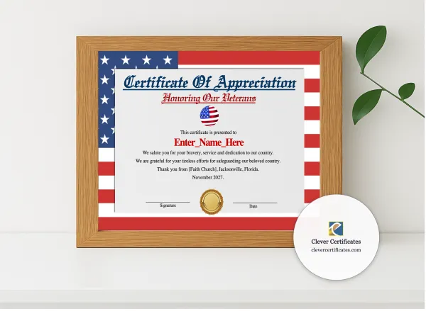 Realistic mockup featuring Veteran Appreciation Certificate displayed within a modern frame, set against a minimalistic background.