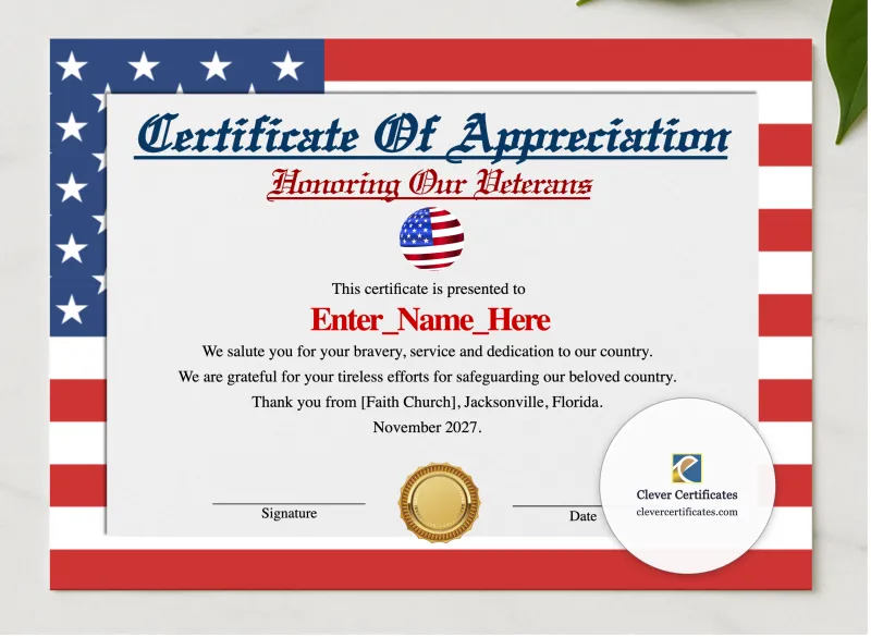 Veteran Appreciation Certificate presented in a sleek wooden frame, elegantly arranged on a stylish table.