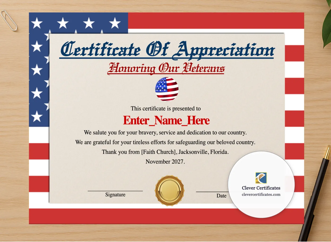 Professional preview of Veteran Appreciation Certificate certificate on high-quality stationery paper, ideal for showcasing the final look.
