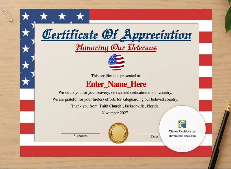 Professional preview of Veteran Appreciation Certificate certificate on high-quality stationery paper, ideal for showcasing the final look.