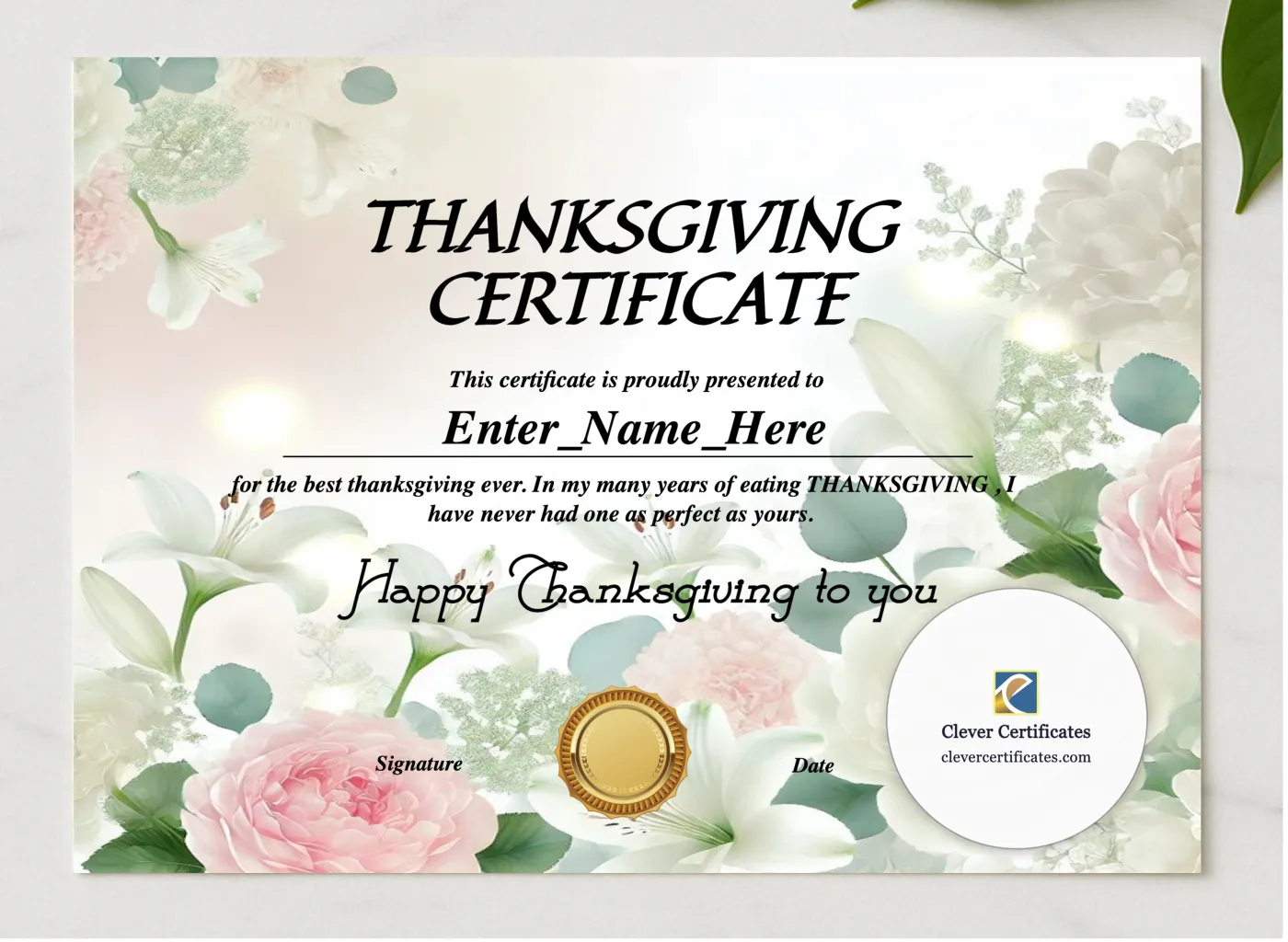 Thanksgiving Feast Certificate presented in a sleek wooden frame, elegantly arranged on a stylish table.