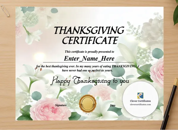 Professional preview of Thanksgiving Feast Certificate certificate on high-quality stationery paper, ideal for showcasing the final look.