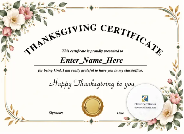 Free Thanksgiving Kindness Certificate