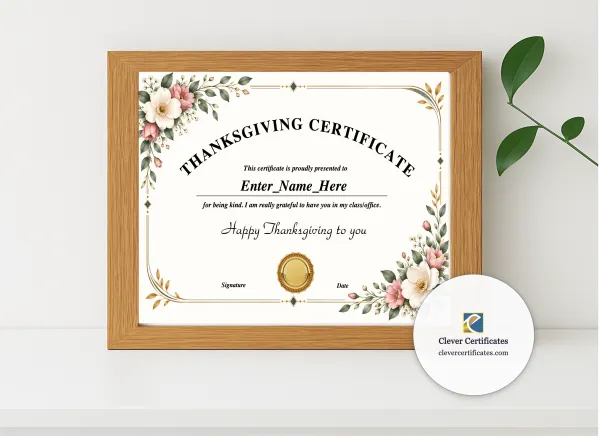 Realistic mockup featuring Thanksgiving Kindness Certificate displayed within a modern frame, set against a minimalistic background.