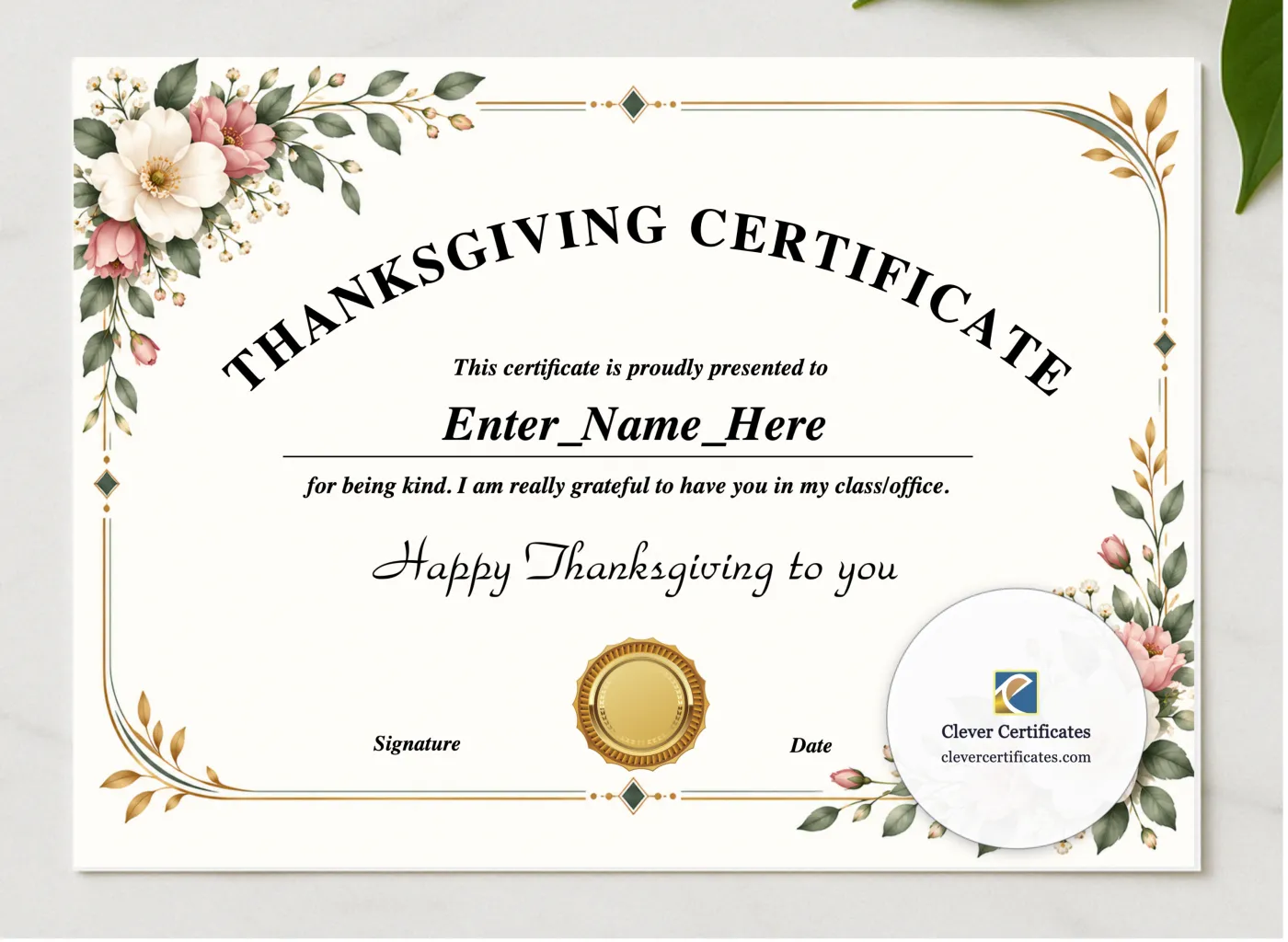 Thanksgiving Kindness Certificate presented in a sleek wooden frame, elegantly arranged on a stylish table.