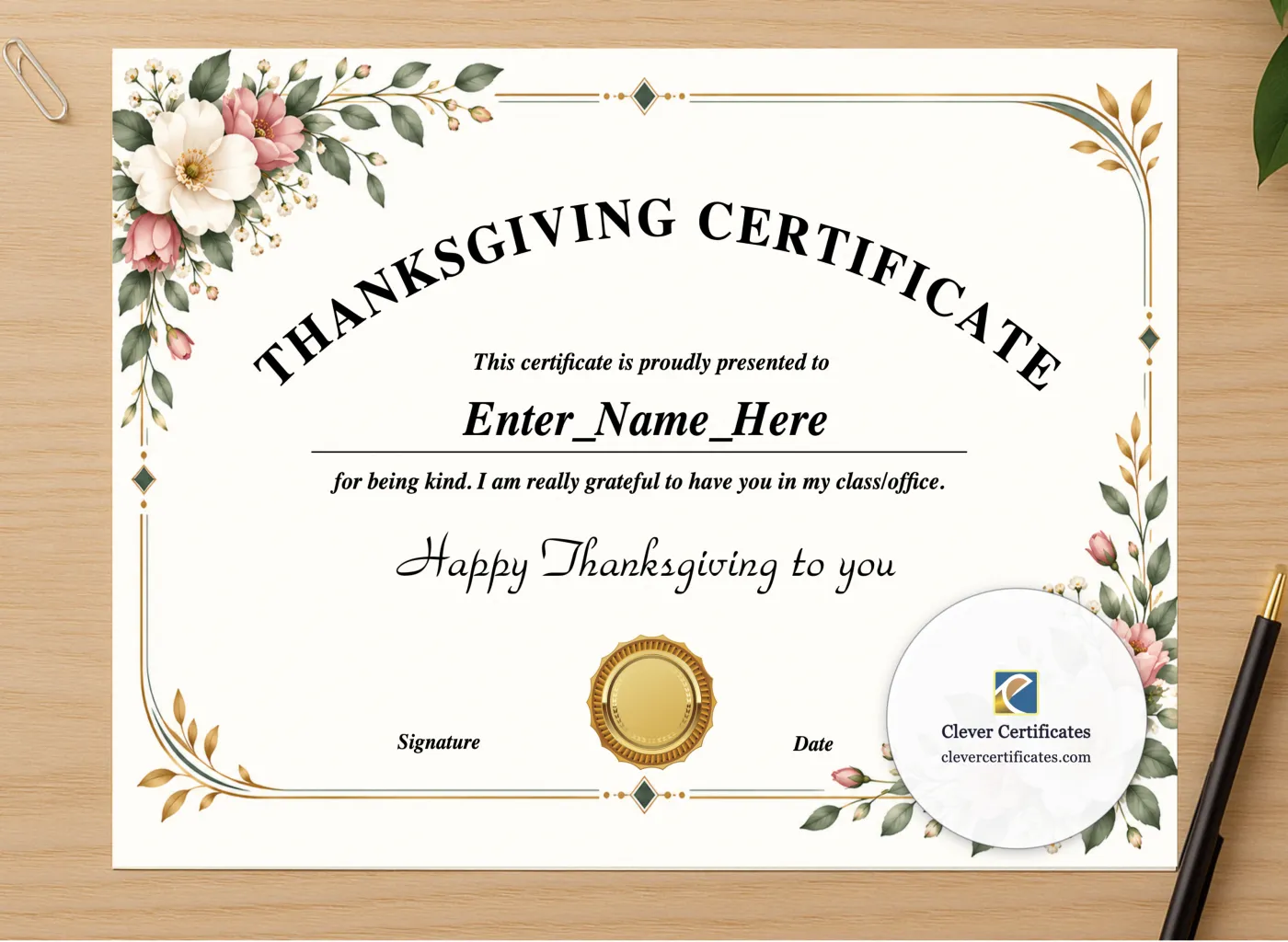 Professional preview of Thanksgiving Kindness Certificate certificate on high-quality stationery paper, ideal for showcasing the final look.