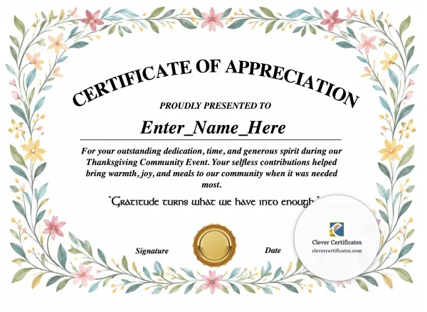 Free Thanksgiving Volunteer Appreciation Certificate