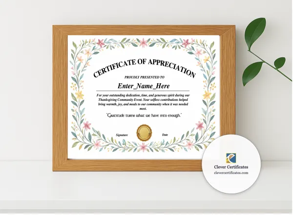 Realistic mockup featuring Thanksgiving Volunteer Appreciation Certificate displayed within a modern frame, set against a minimalistic background.