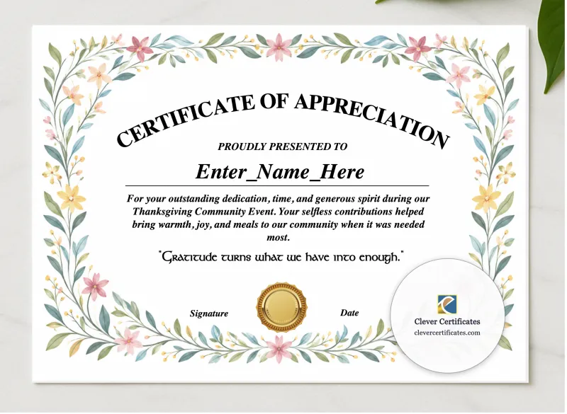 Thanksgiving Volunteer Appreciation Certificate presented in a sleek wooden frame, elegantly arranged on a stylish table.