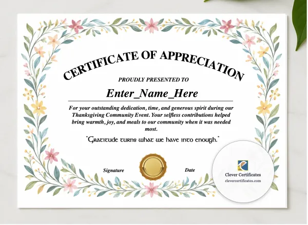 Thanksgiving Volunteer Appreciation Certificate presented in a sleek wooden frame, elegantly arranged on a stylish table.