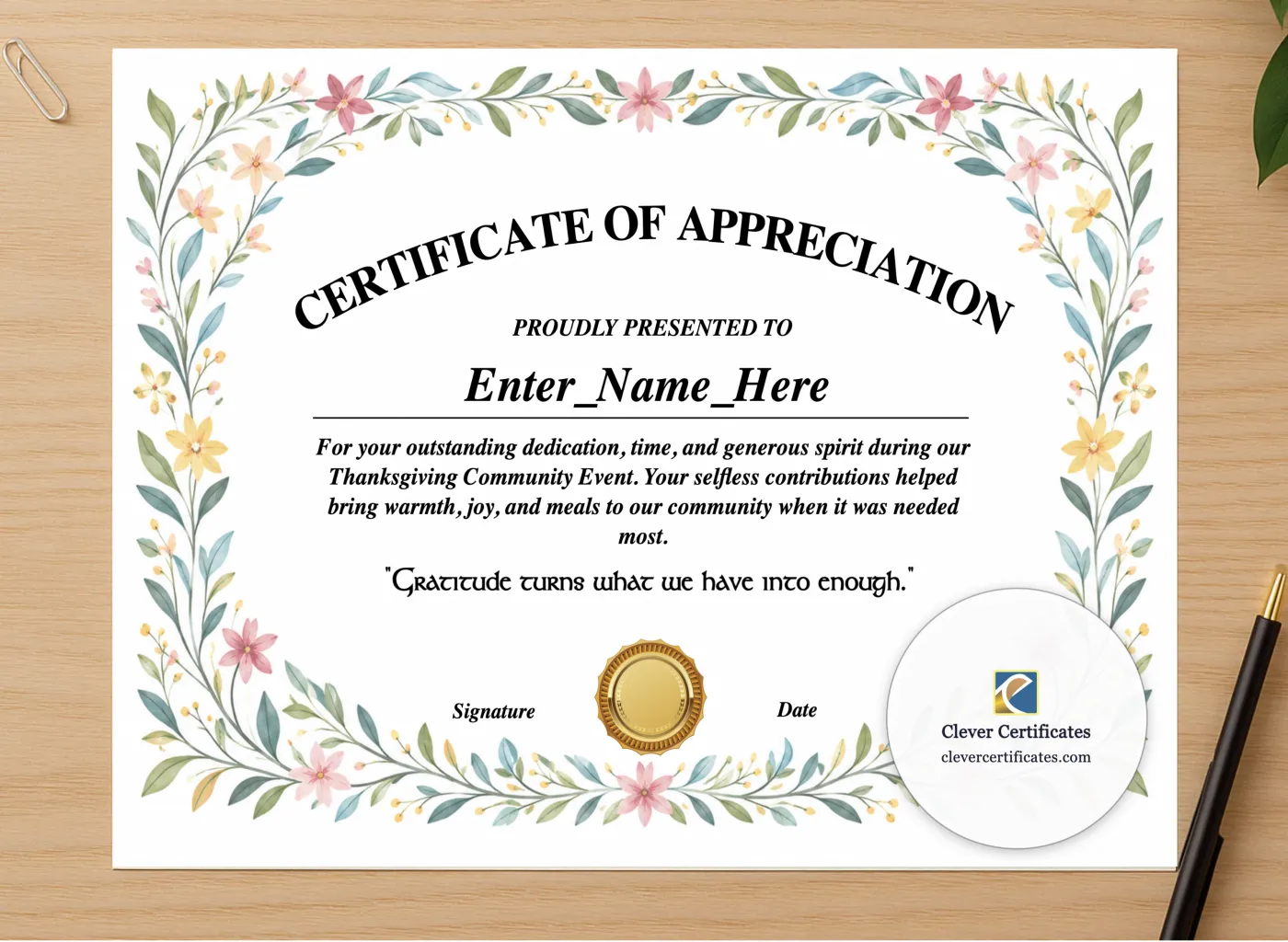 Professional preview of Thanksgiving Volunteer Appreciation Certificate certificate on high-quality stationery paper, ideal for showcasing the final look.