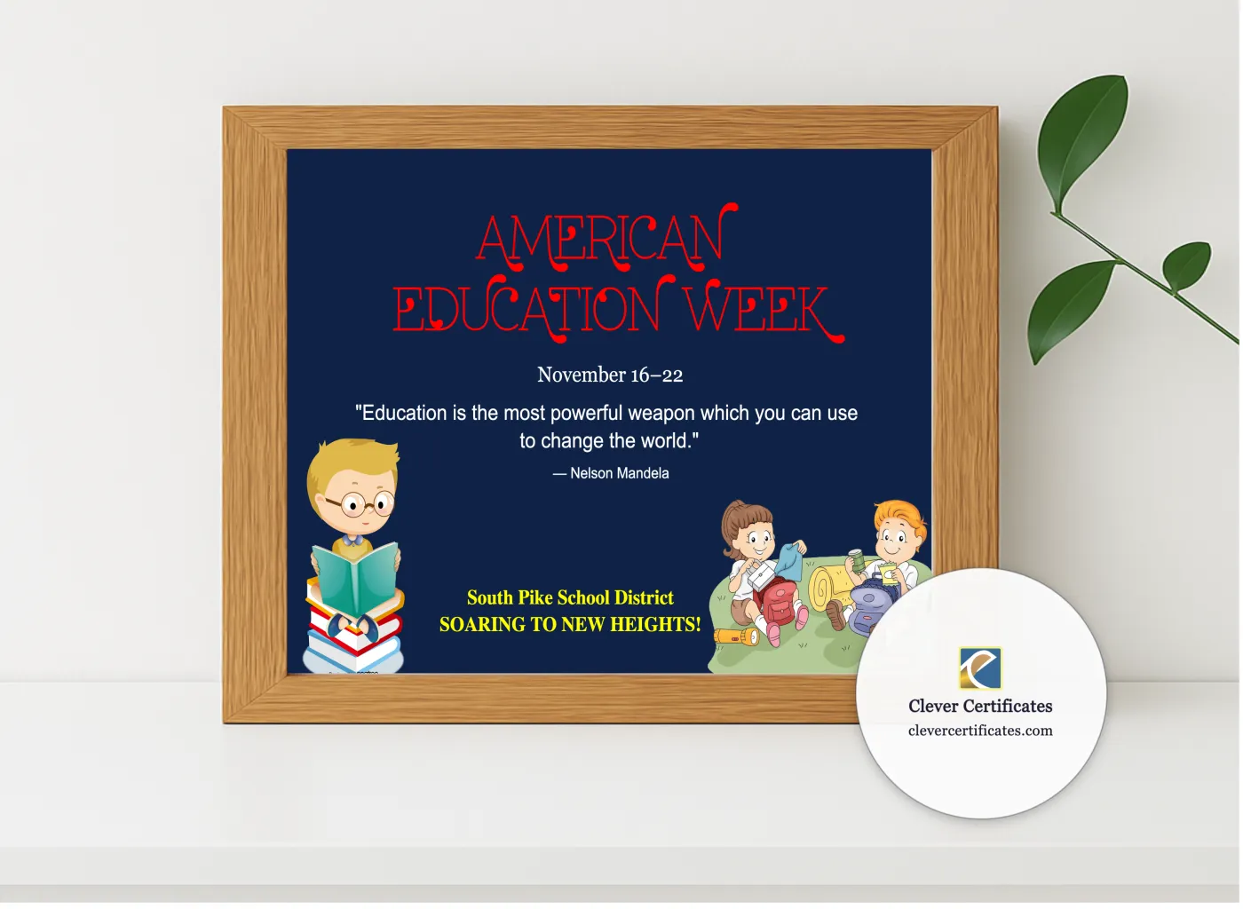 Realistic mockup featuring American Education Week Certificate displayed within a modern frame, set against a minimalistic background.
