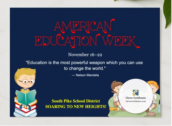American Education Week Certificate presented in a sleek wooden frame, elegantly arranged on a stylish table.