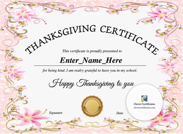 Free Teacher Appreciation Certificate Thanksgiving