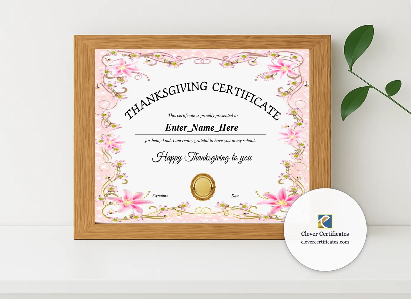 Realistic mockup featuring Teacher Appreciation Certificate Thanksgiving displayed within a modern frame, set against a minimalistic background.