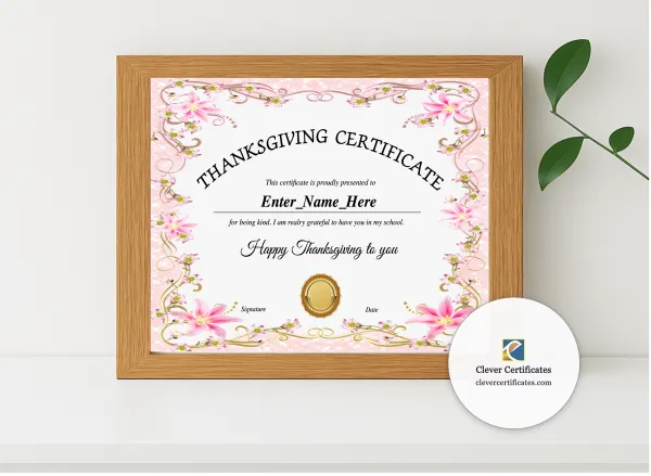 Realistic mockup featuring Teacher Appreciation Certificate Thanksgiving displayed within a modern frame, set against a minimalistic background.