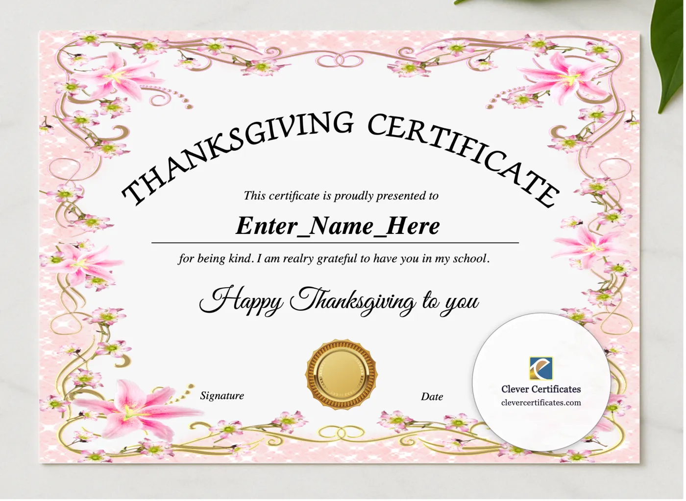 Teacher Appreciation Certificate Thanksgiving presented in a sleek wooden frame, elegantly arranged on a stylish table.