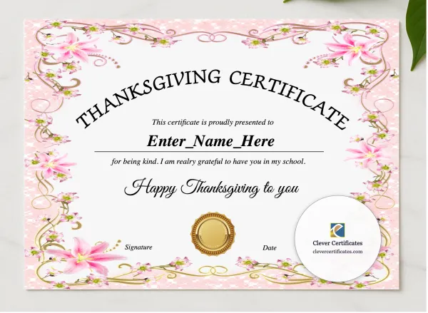 Teacher Appreciation Certificate Thanksgiving presented in a sleek wooden frame, elegantly arranged on a stylish table.