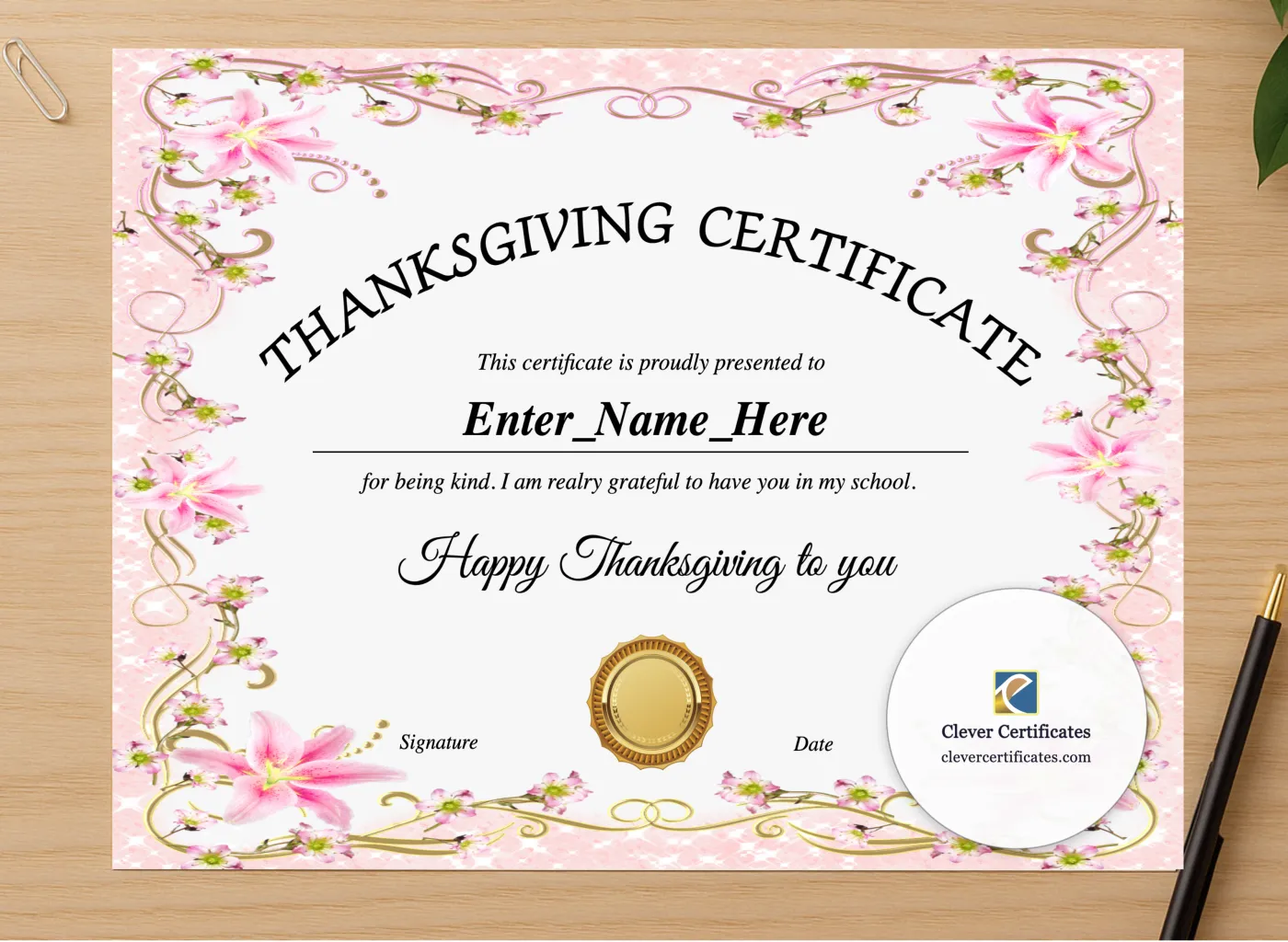 Professional preview of Teacher Appreciation Certificate Thanksgiving certificate on high-quality stationery paper, ideal for showcasing the final look.