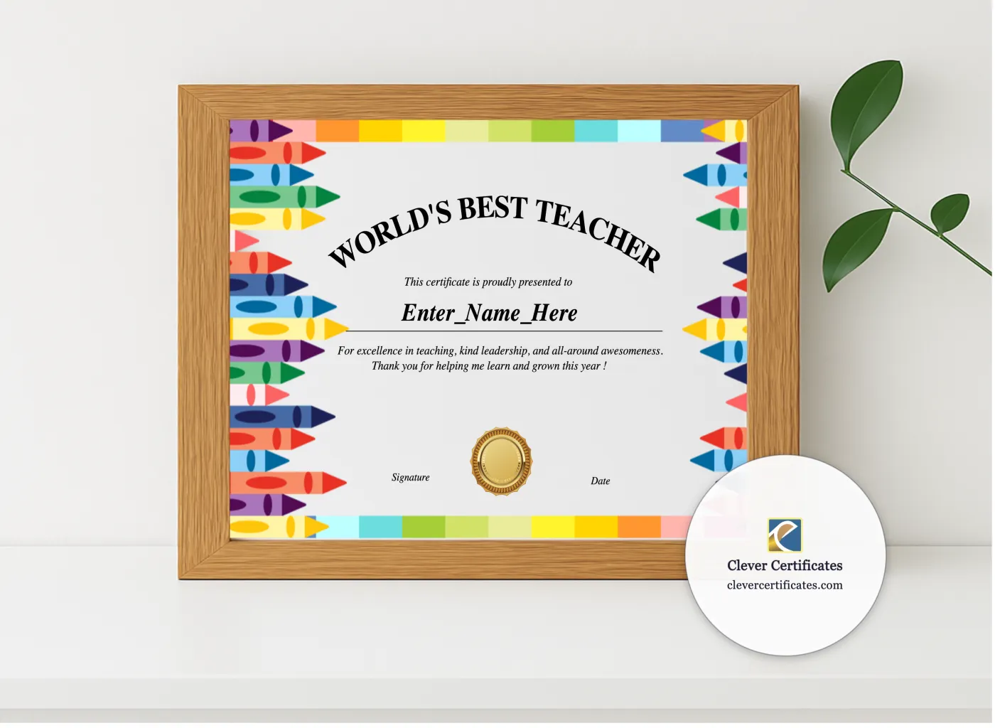 Realistic mockup featuring Worlds Best Teacher Certificate displayed within a modern frame, set against a minimalistic background.