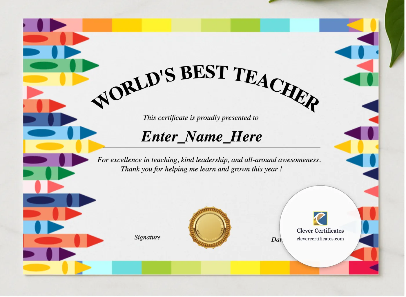 Worlds Best Teacher Certificate presented in a sleek wooden frame, elegantly arranged on a stylish table.