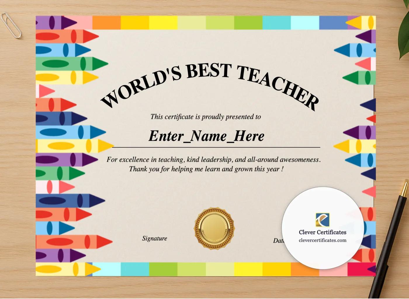 Professional preview of Worlds Best Teacher Certificate certificate on high-quality stationery paper, ideal for showcasing the final look.