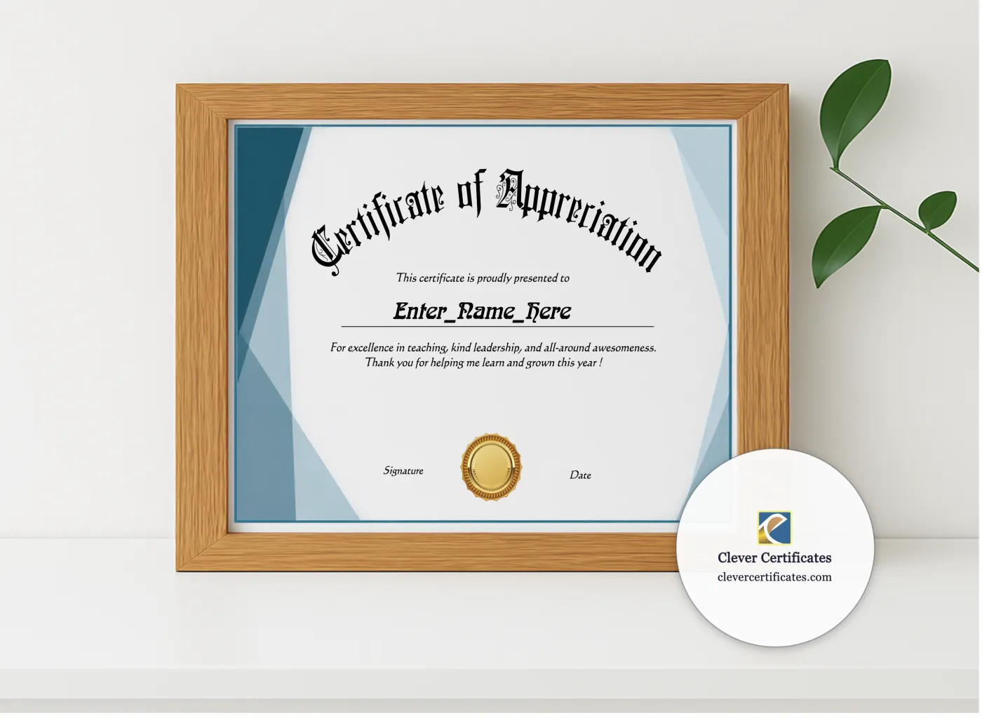 Realistic mockup featuring Education Support Professional Appreciation Certificate displayed within a modern frame, set against a minimalistic background.