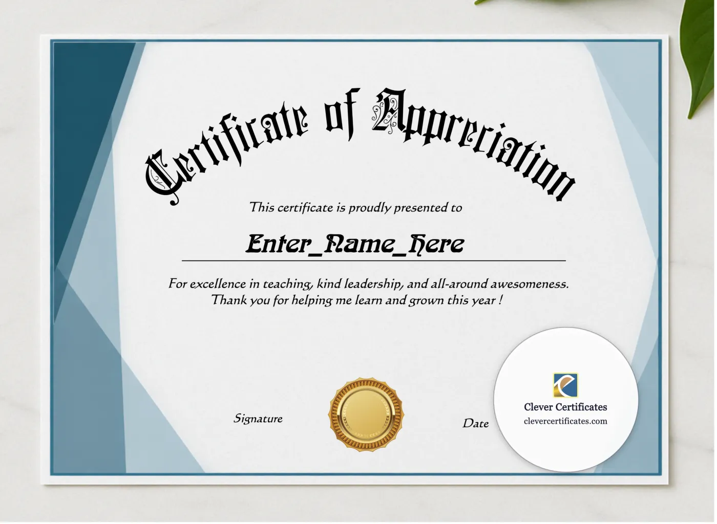 Education Support Professional Appreciation Certificate presented in a sleek wooden frame, elegantly arranged on a stylish table.