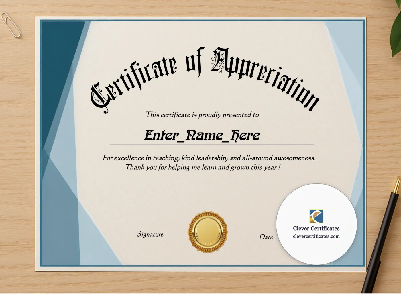 Professional preview of Education Support Professional Appreciation Certificate certificate on high-quality stationery paper, ideal for showcasing the final look.