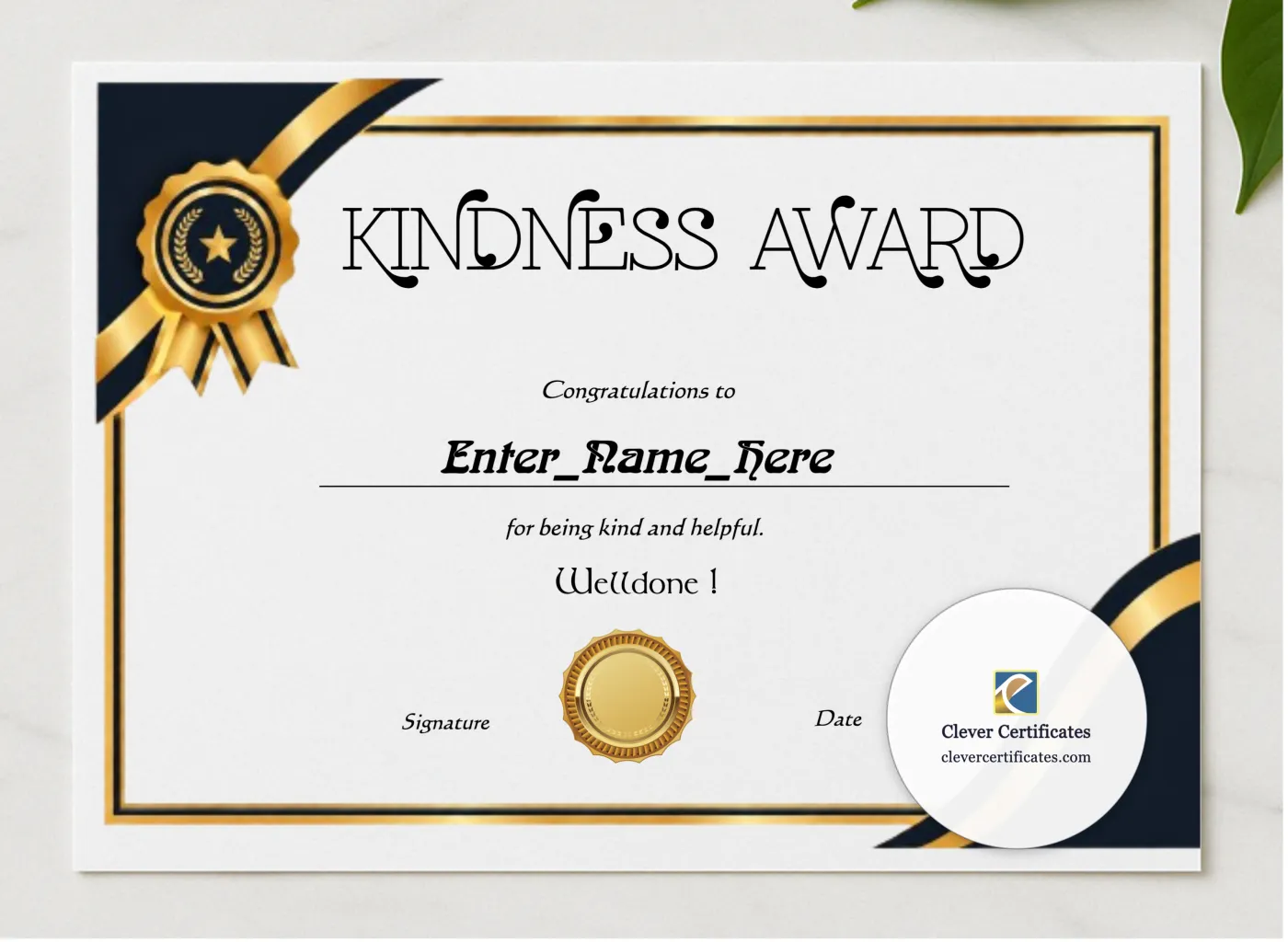 World Kindness Day Certificate presented in a sleek wooden frame, elegantly arranged on a stylish table.