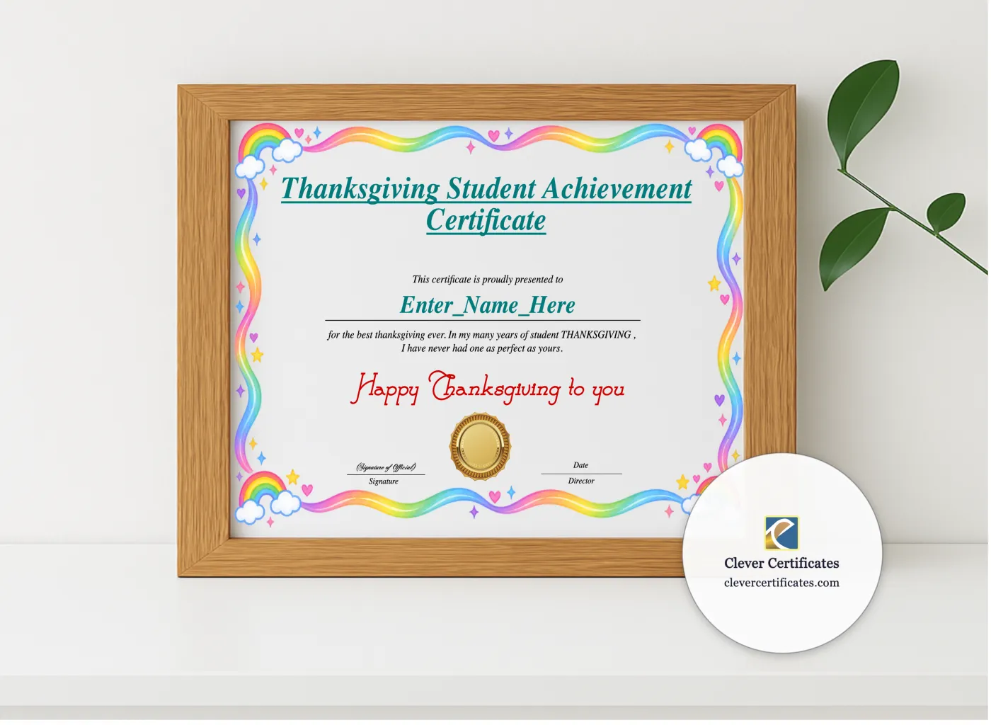 Realistic mockup featuring Thanksgiving Student Achievement Certificate displayed within a modern frame, set against a minimalistic background.