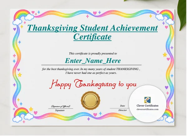 Thanksgiving Student Achievement Certificate presented in a sleek wooden frame, elegantly arranged on a stylish table.