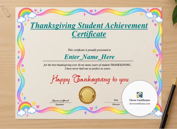 Professional preview of Thanksgiving Student Achievement Certificate certificate on high-quality stationery paper, ideal for showcasing the final look.