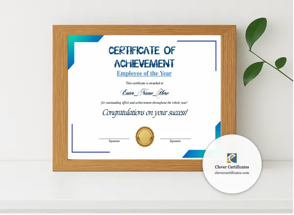 Realistic mockup featuring Employee Of The Year Certificate displayed within a modern frame, set against a minimalistic background.