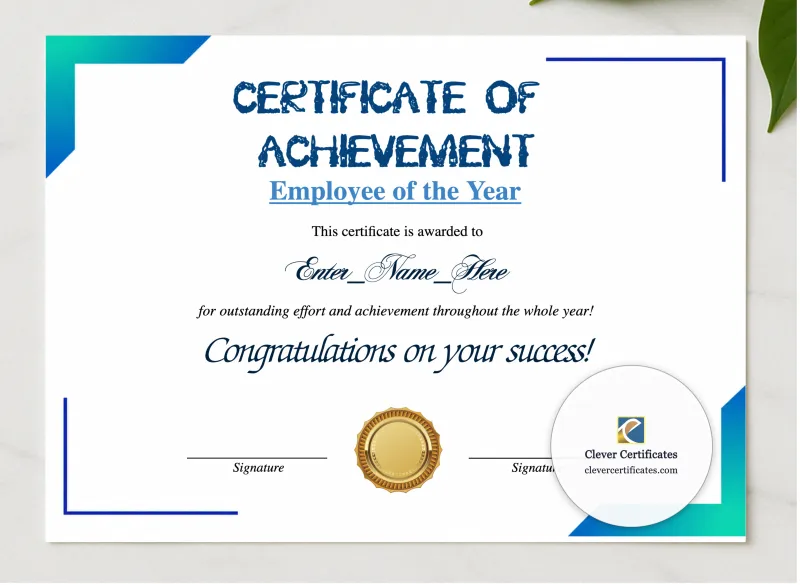 Employee Of The Year Certificate presented in a sleek wooden frame, elegantly arranged on a stylish table.