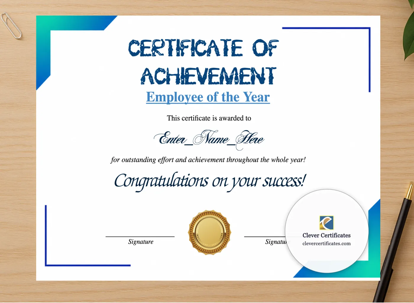 Professional preview of Employee Of The Year Certificate certificate on high-quality stationery paper, ideal for showcasing the final look.