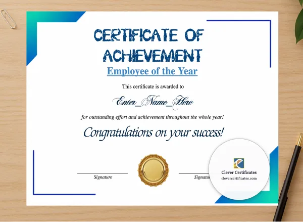 Professional preview of Employee Of The Year Certificate certificate on high-quality stationery paper, ideal for showcasing the final look.
