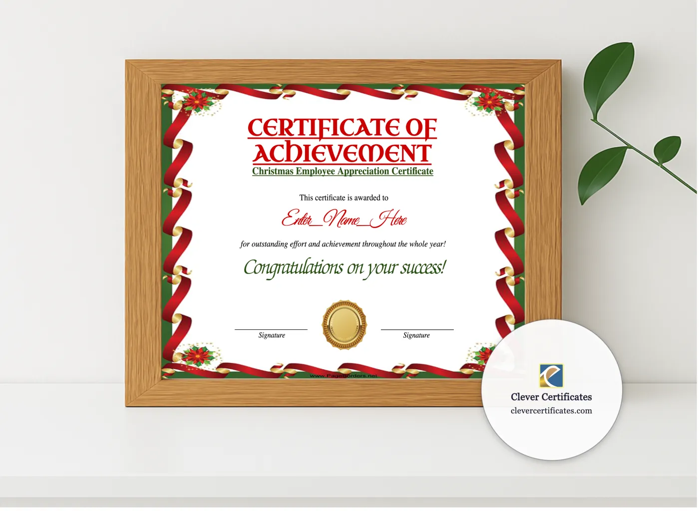 Realistic mockup featuring Christmas Employee Appreciation Certificate displayed within a modern frame, set against a minimalistic background.