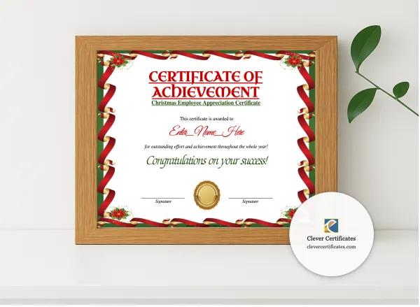 Realistic mockup featuring Christmas Employee Appreciation Certificate displayed within a modern frame, set against a minimalistic background.