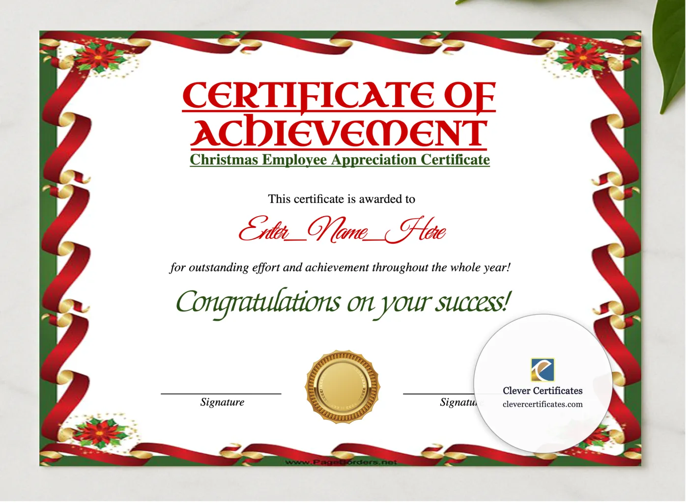 Christmas Employee Appreciation Certificate presented in a sleek wooden frame, elegantly arranged on a stylish table.