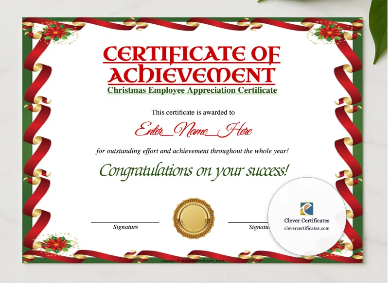 Christmas Employee Appreciation Certificate presented in a sleek wooden frame, elegantly arranged on a stylish table.
