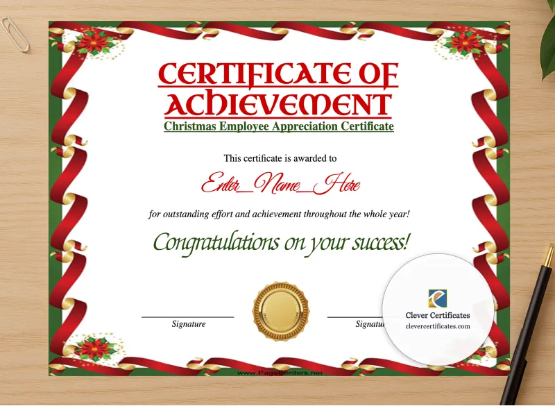 Professional preview of Christmas Employee Appreciation Certificate certificate on high-quality stationery paper, ideal for showcasing the final look.
